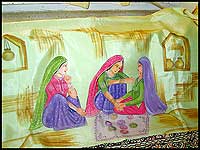 Fabric painting of rural women, on a silk saree
