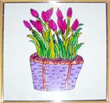 Glass painting of tulips in a flower pot