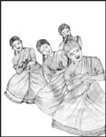 Line sketch of girls learning Bharatnatyam